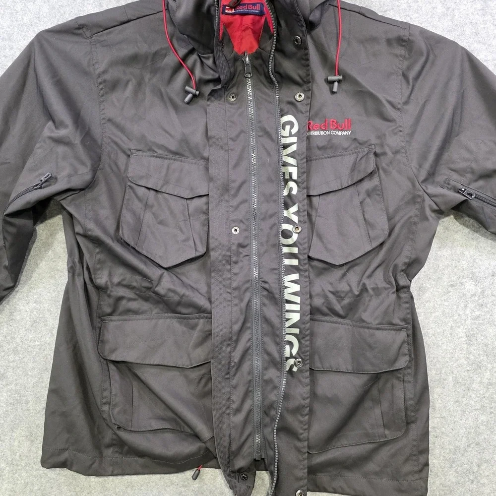 Red Bull Jacket Mens Medium Black Hooded Parka Softshell GIVES YOU WINGS Utility